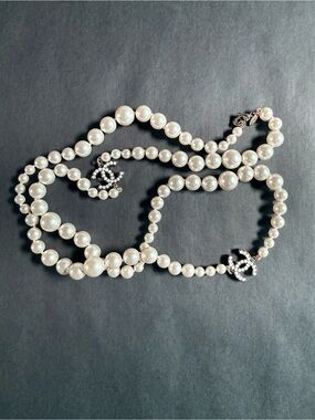 CHANEL 2010 Pearl Multi-Strand Necklace with Crystal CC Charms - White 35”